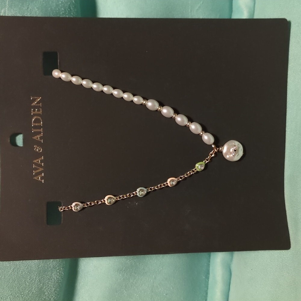Evil Eye on Pearl Necklace Ava & Aiden 18" Half Pearl & Half heart Chain New